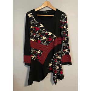 Calessa Womens Tunic Medium Black Abstract Print Asymmetric Hem Wacky Artsy
